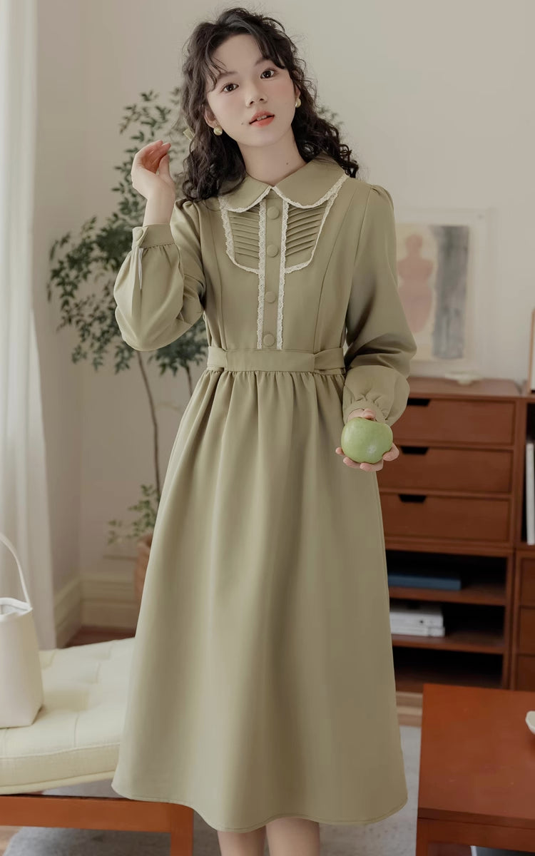 Sunday Tea Long Sleeve Midi Dress (Olive)
