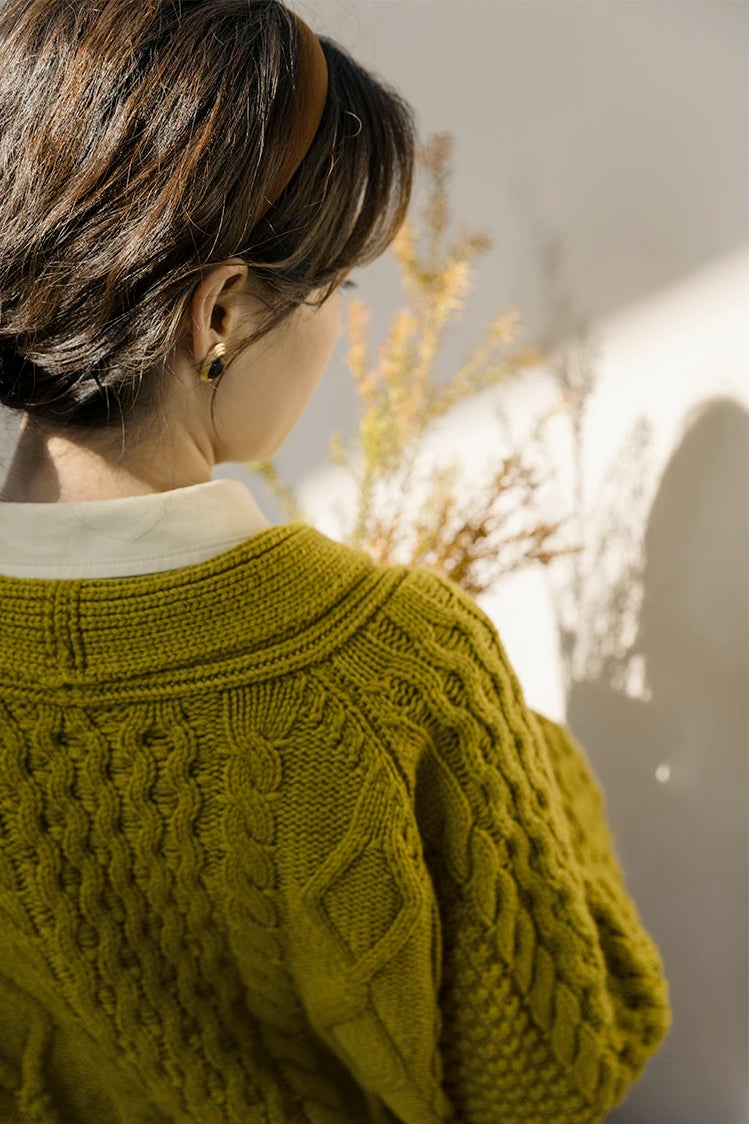 Shawl Collar Cable Knit Cardigan (Chartreuse)