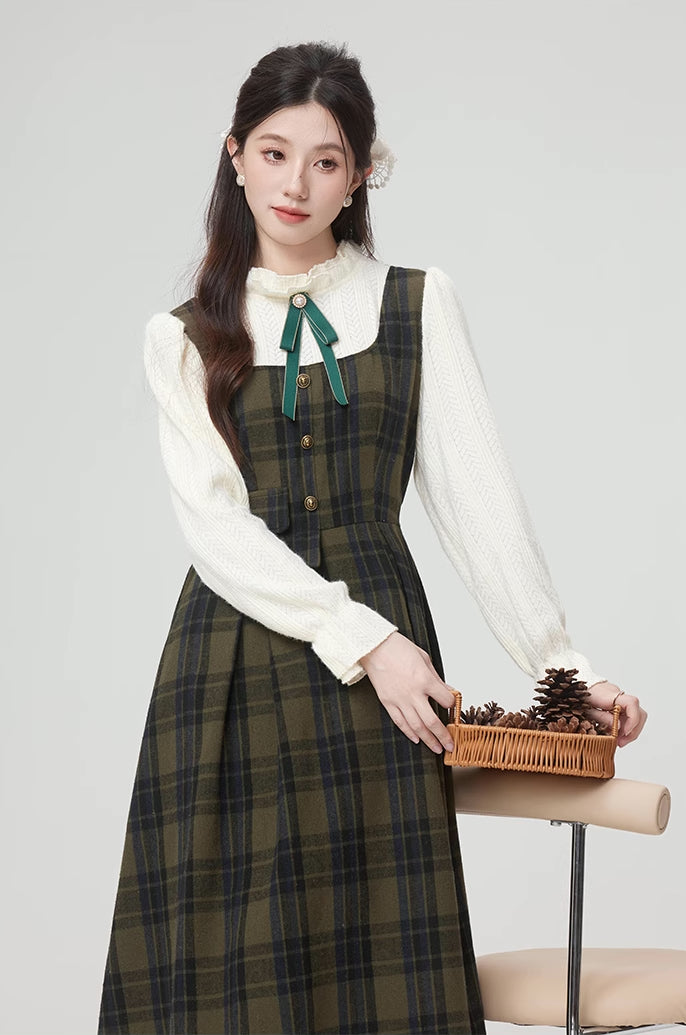 Cabin Plaid Twofer Midi Dress (Olive)