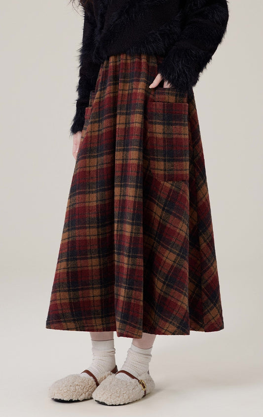 Bookshop Plaid Midi Skirt (Red/Khaki)
