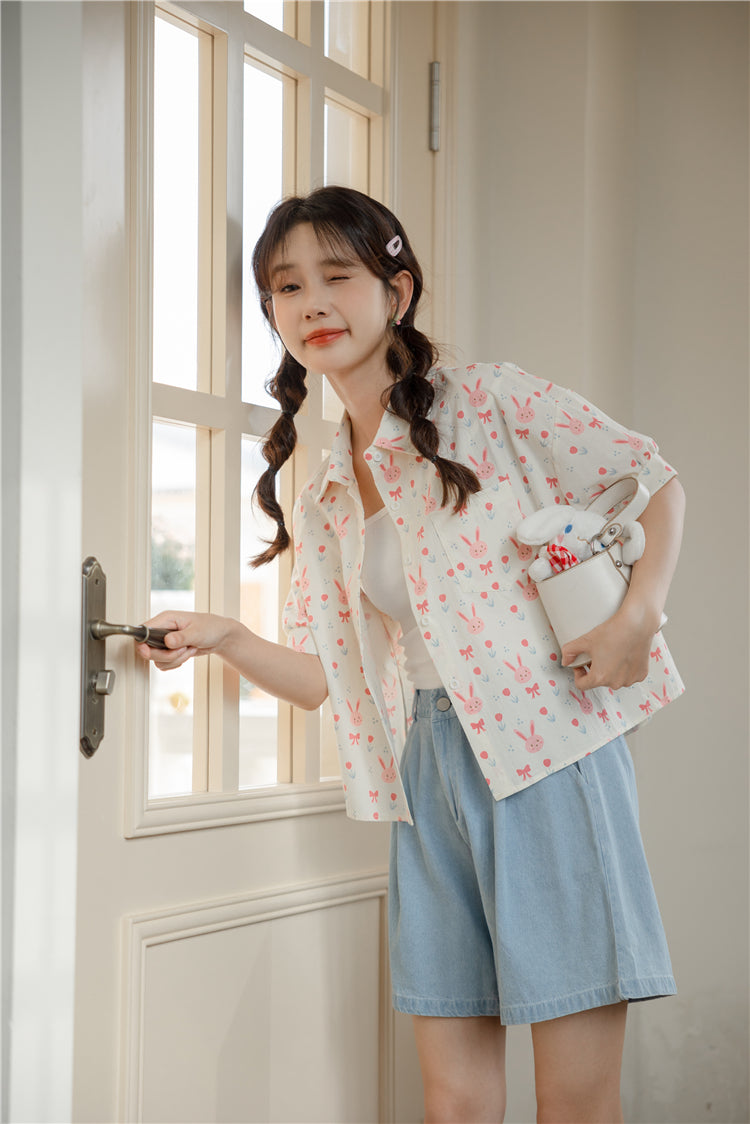 Pink Bunny Cropped Button Up Shirt (White)
