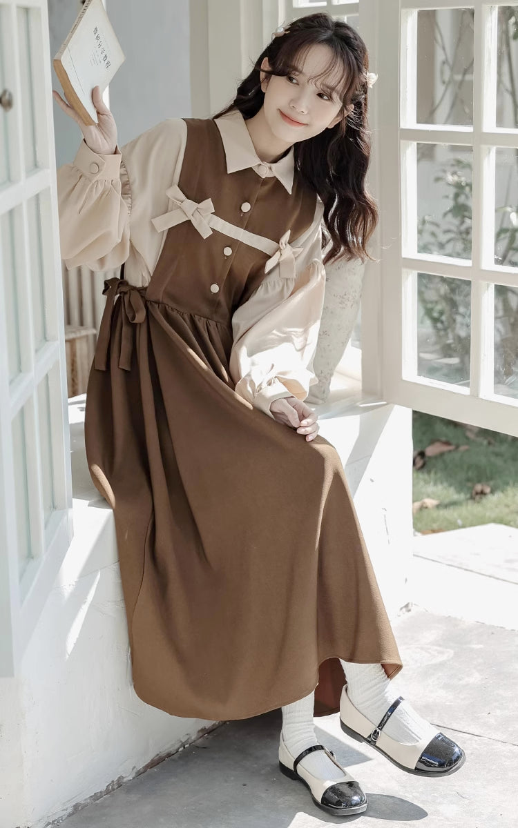 Cocoa Bows Twofer Midi Dress (Brown)