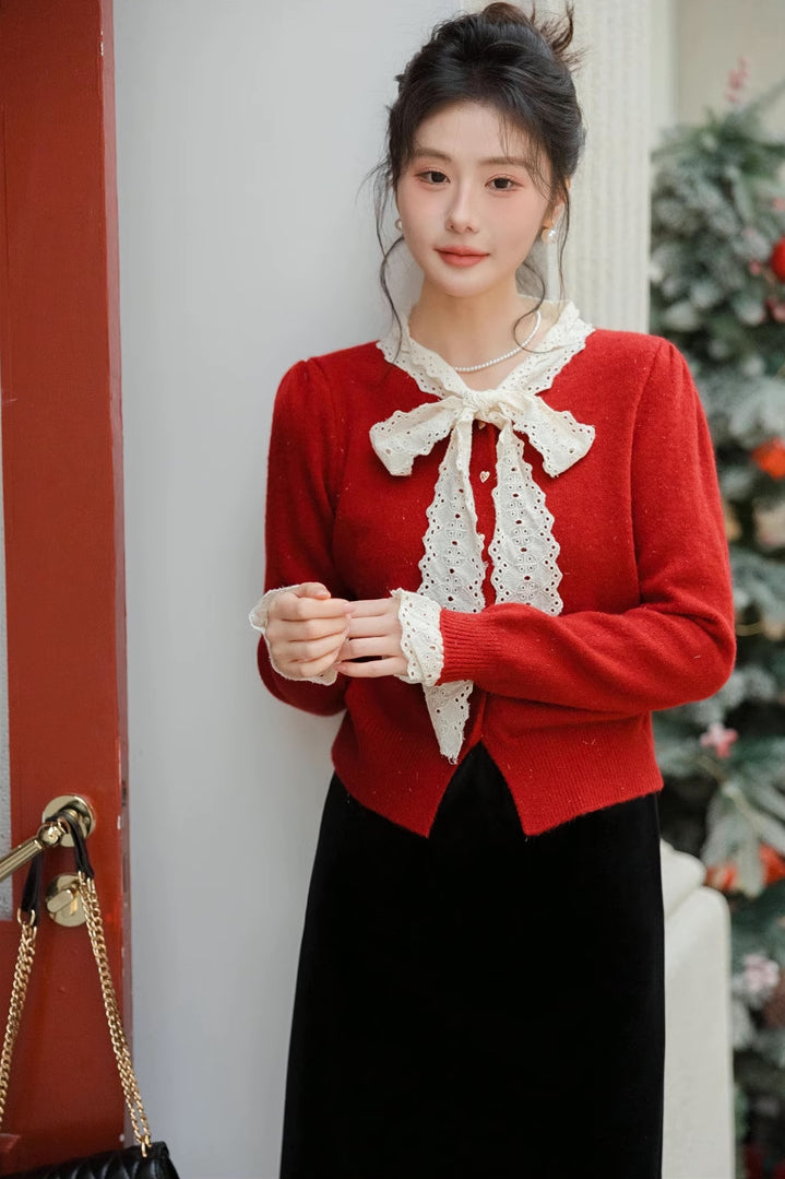 Heart Button Lace Trim Cardigan (3 Colors)