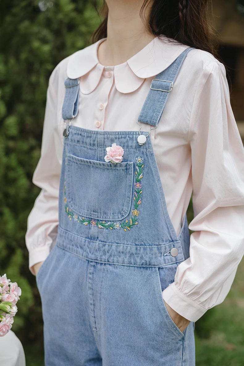 Retro Floral Embroidered Denim Overalls (Medium Blue)