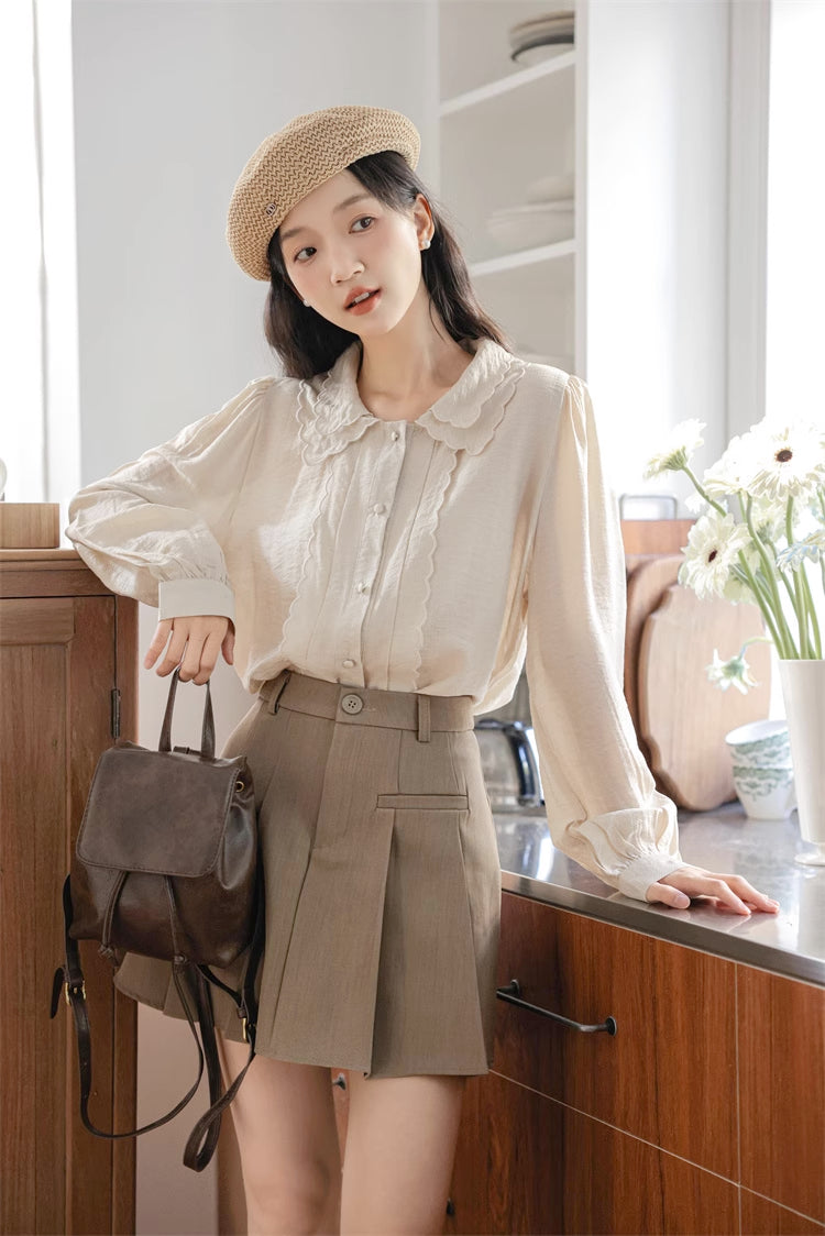 Scallop Trim Blouse (Light Khaki)