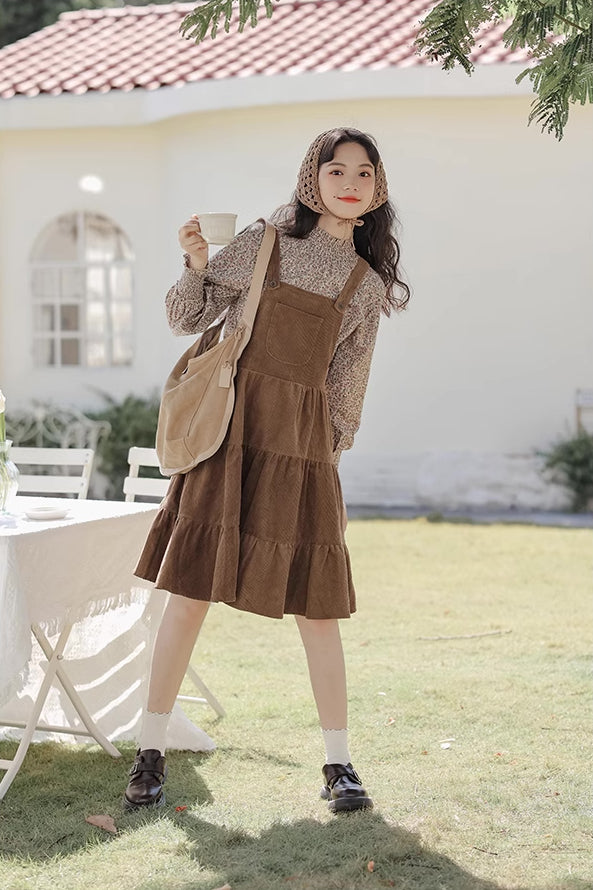 Tiered Corduroy Pinafore Dress & Blouse (Brown)