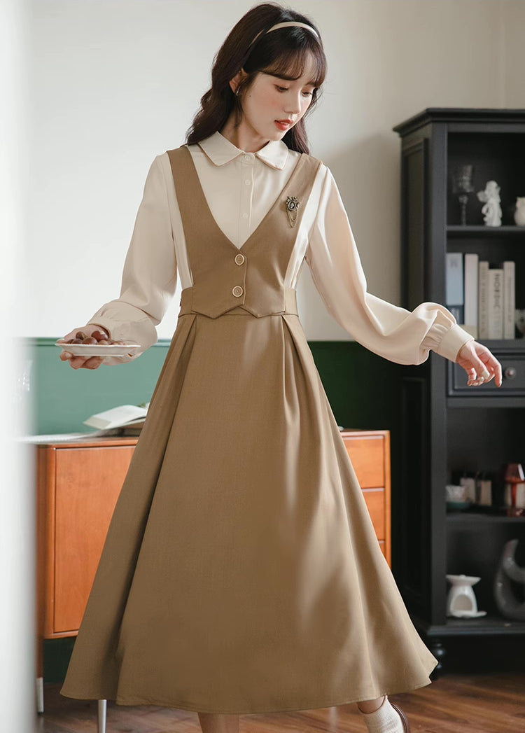 Basic Woven Vest Pinafore Dress / Blouse (2 Colors)