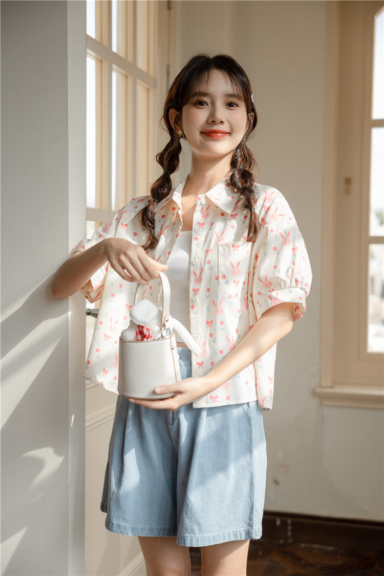 Pink Bunny Cropped Button Up Shirt (White)
