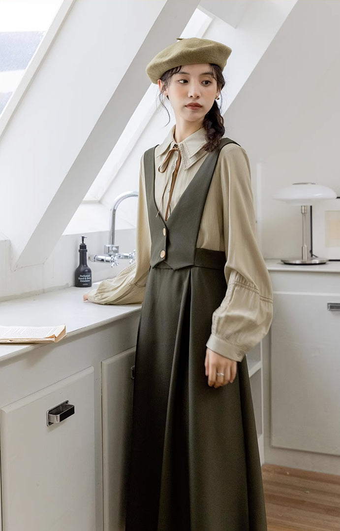 Basic Woven Vest Pinafore Dress / Blouse (2 Colors)