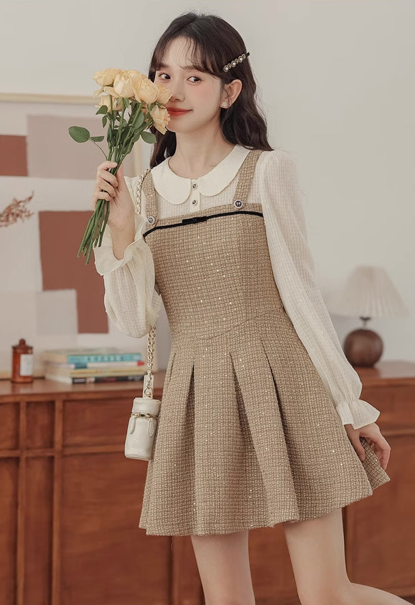Latte Tweed Mini Twofer Dress (Khaki)