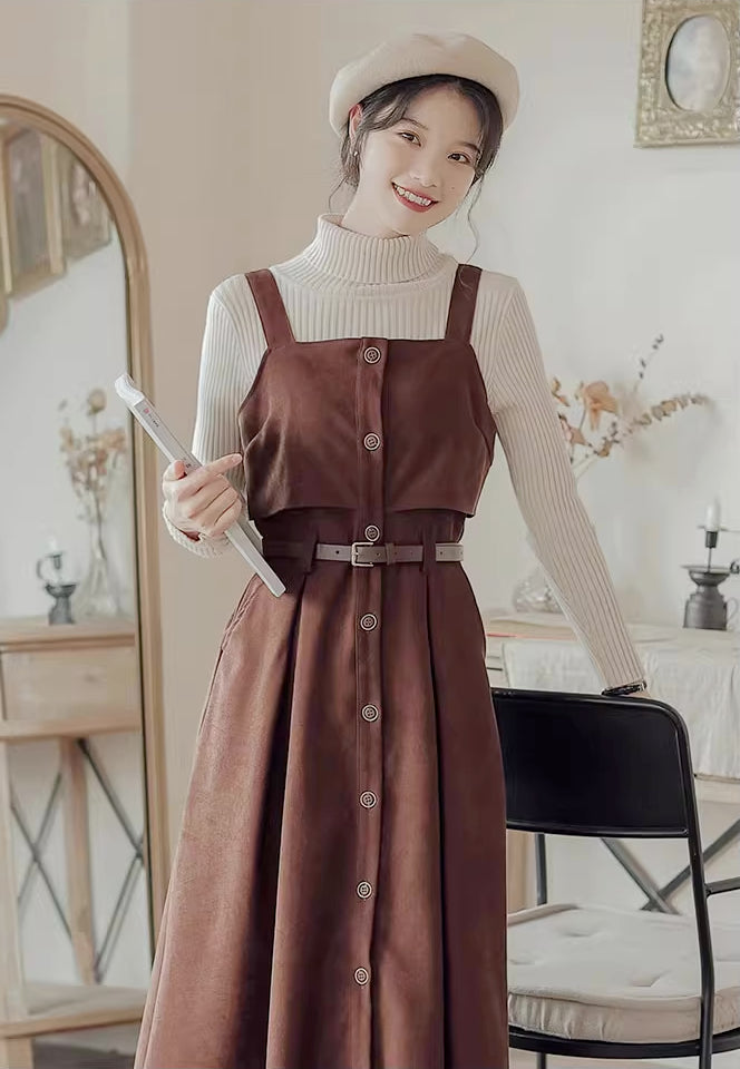 Suede Button Up Cami Pinafore Dress (4 Colors)