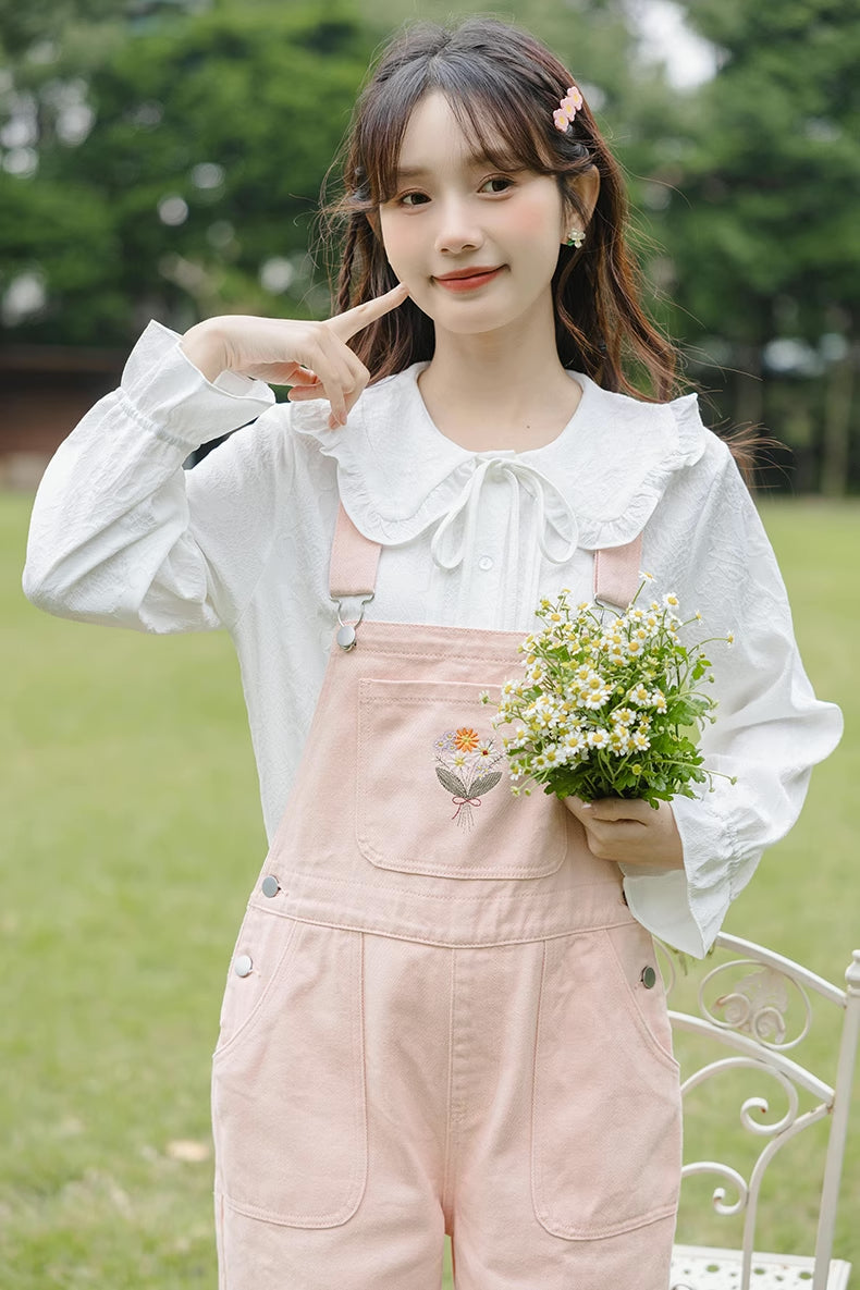 Flower Bouquet Embroidered Overalls (Pink)