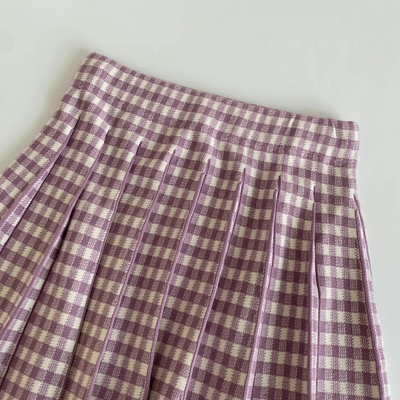 Gingham Knit Pleated Skirt (7 Colors)