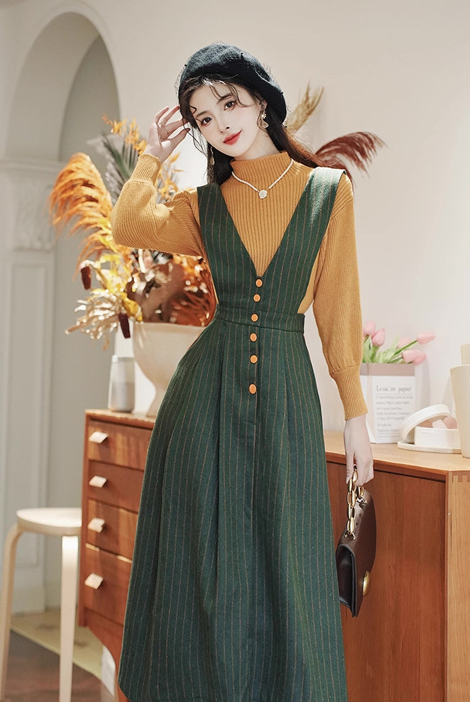Gingko Stripe Pinafore & Sweater Set (Mustard/Green)