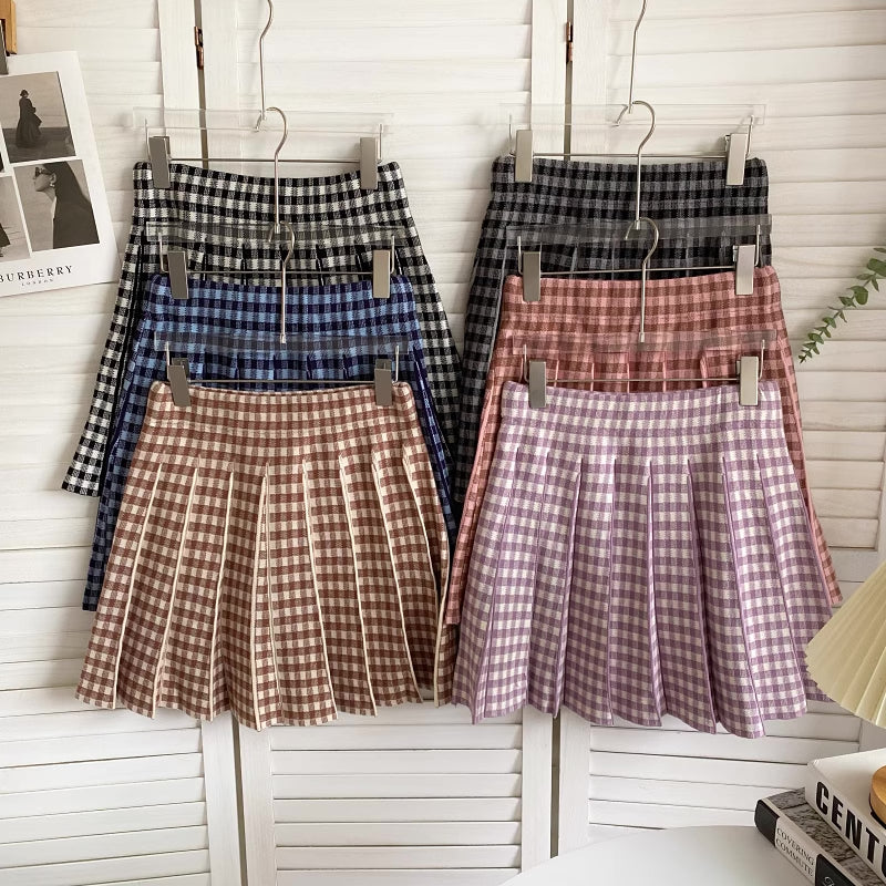 Gingham Knit Pleated Skirt (7 Colors)