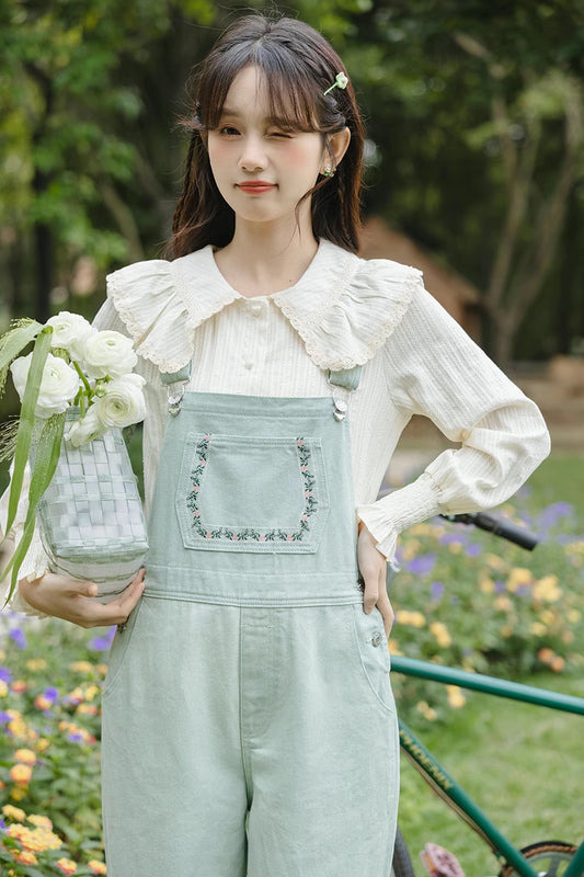 Flower Vines Embroidered Overalls (Green)
