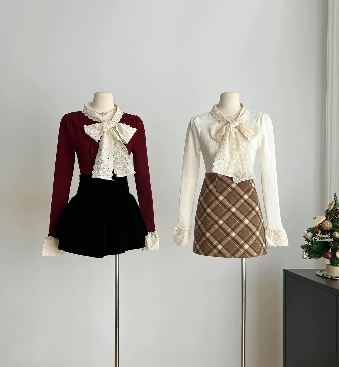 Lace Trim Tie Neck Sweater (4 Colors)