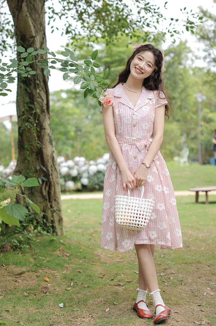 Gingham Daisy Shirt Dress (Pink)