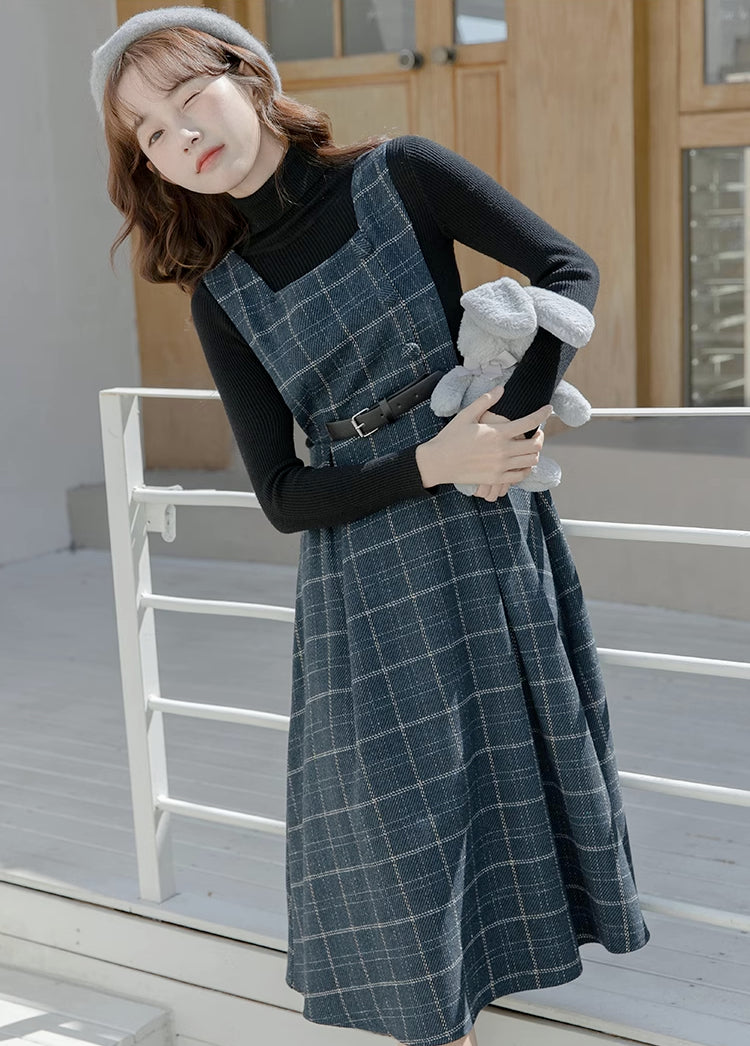 Belted Plaid Pinafore Dress (3 Colors)