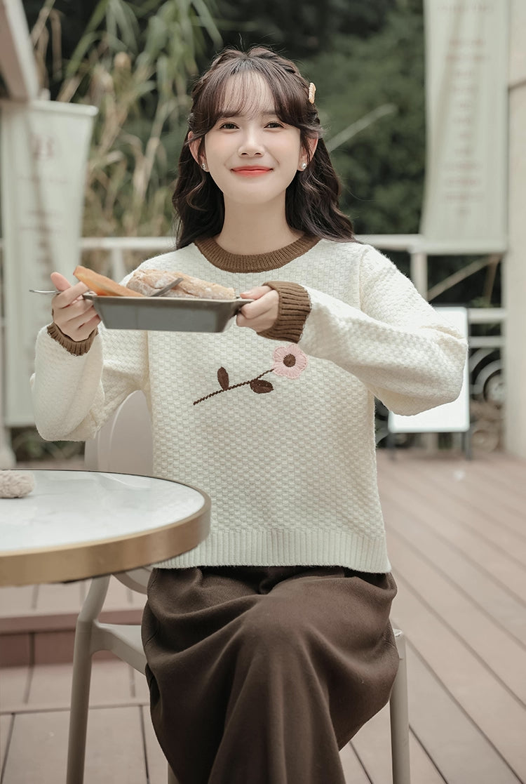 Waffle Knit Flower Sweater (2 Colors)