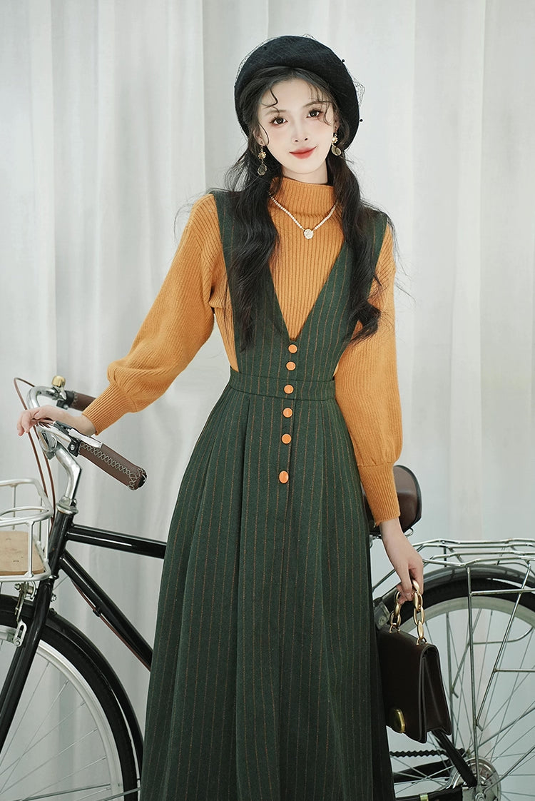Gingko Stripe Pinafore & Sweater Set (Mustard/Green)
