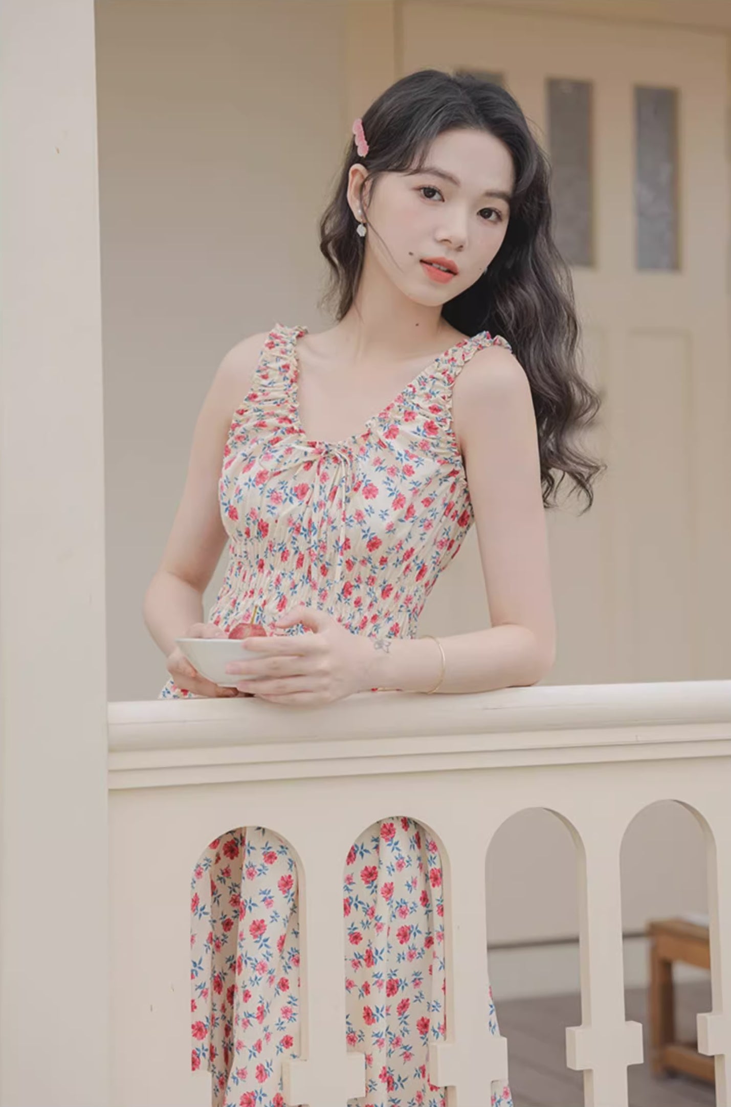 Camellia Smocked Midi Dress (Cream/Red)