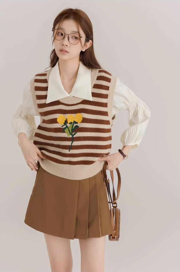 Half Pleated Mini Skirt (Brown)