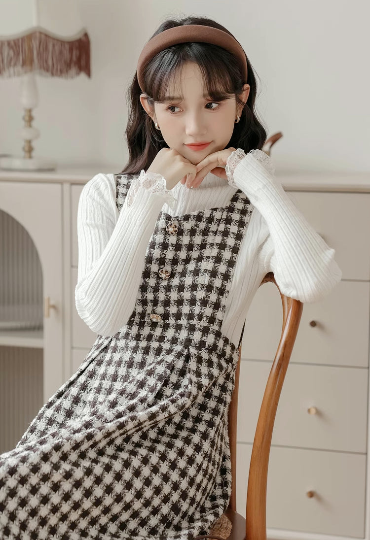 Gingham Tweed Pinafore Dress (Black Brown)