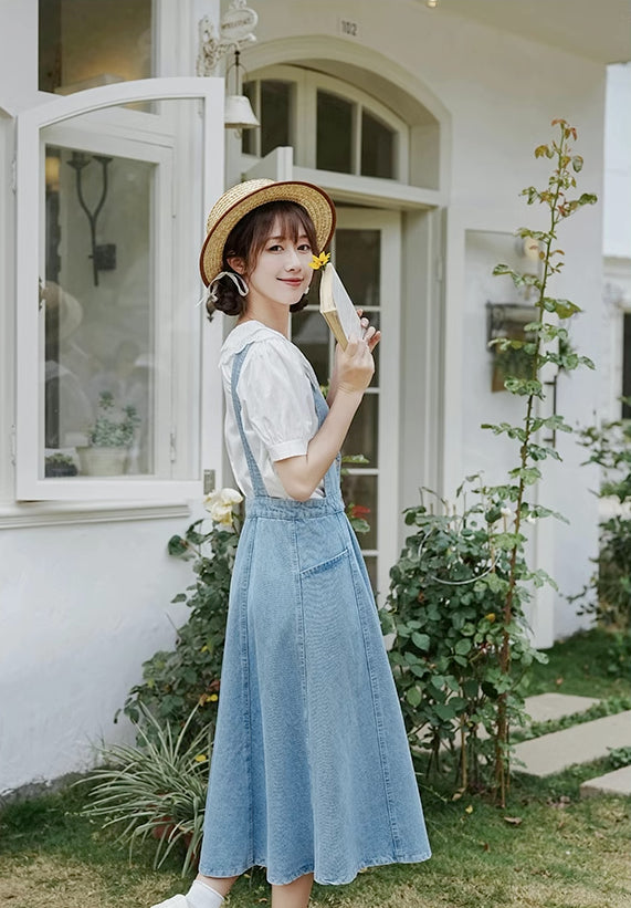 Button Denim Midi Pinafore Dress (Light Blue)