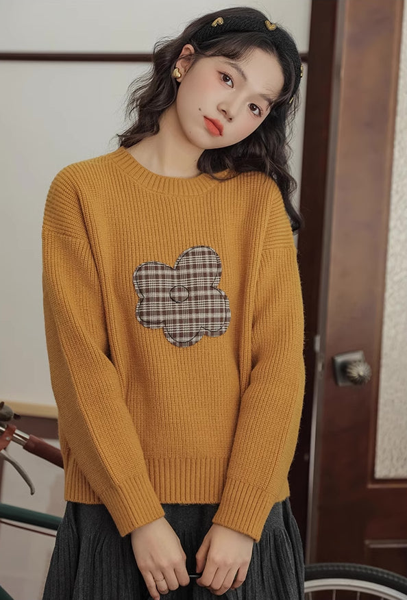 Plaid Flower Sweater (Mustard)