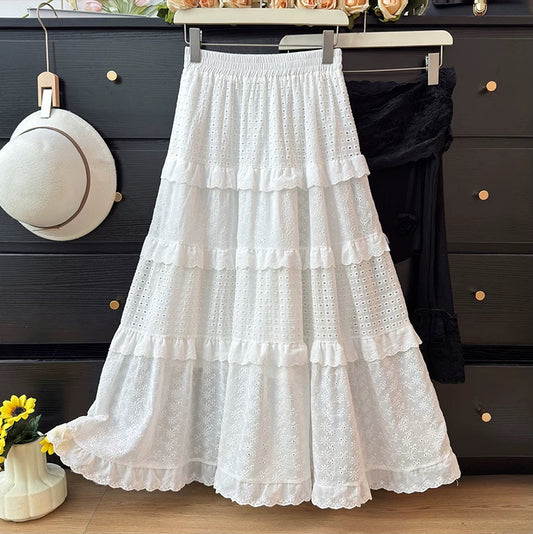 Broderie Tiered Midi Skirt (White)