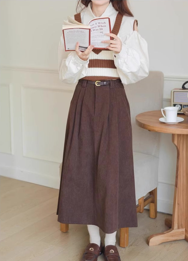 Belted Corduroy Midi Skirt (3 Colors)