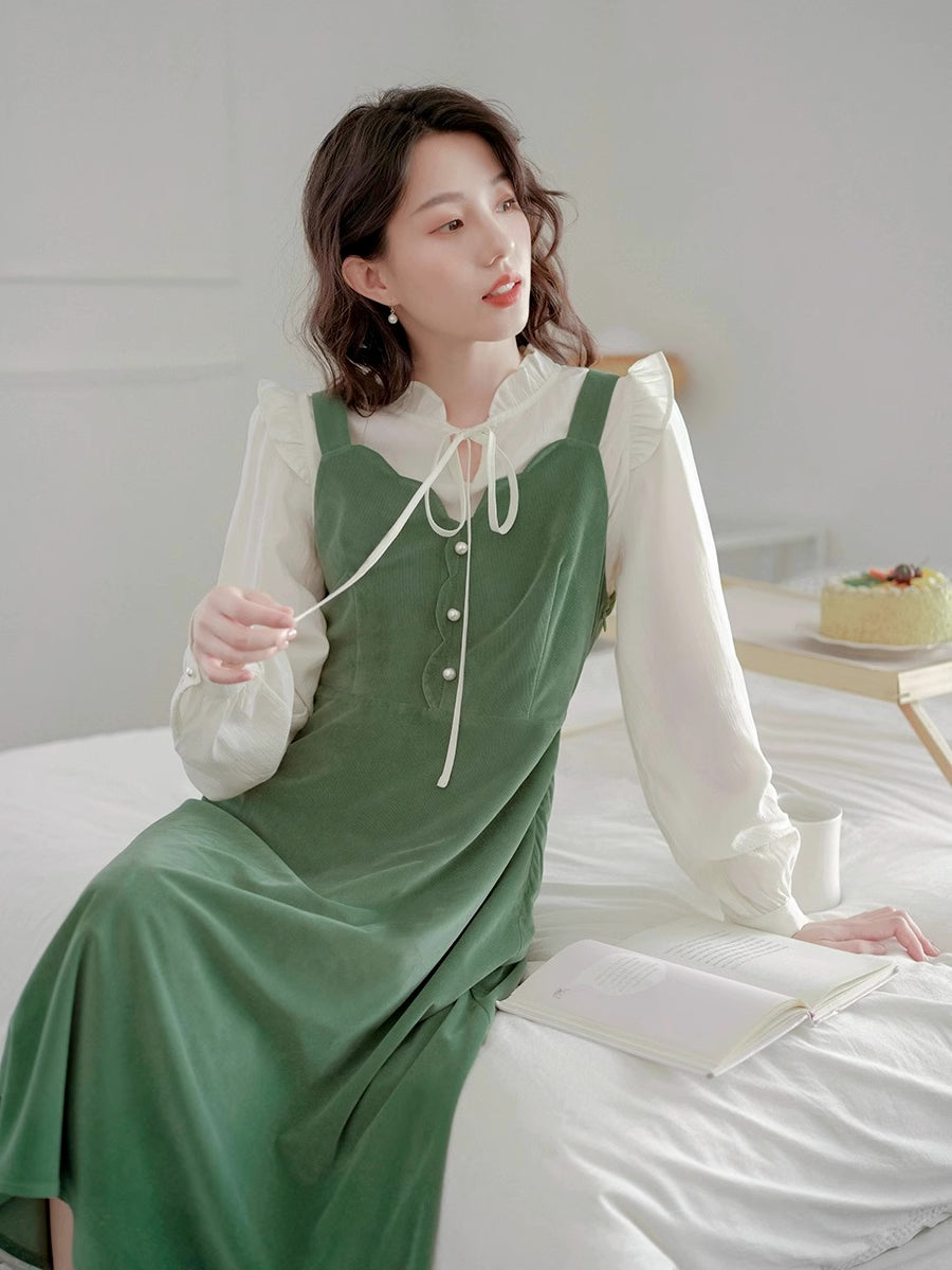 Corduroy Scallop Cami Midi Dress (Pistachio Green)