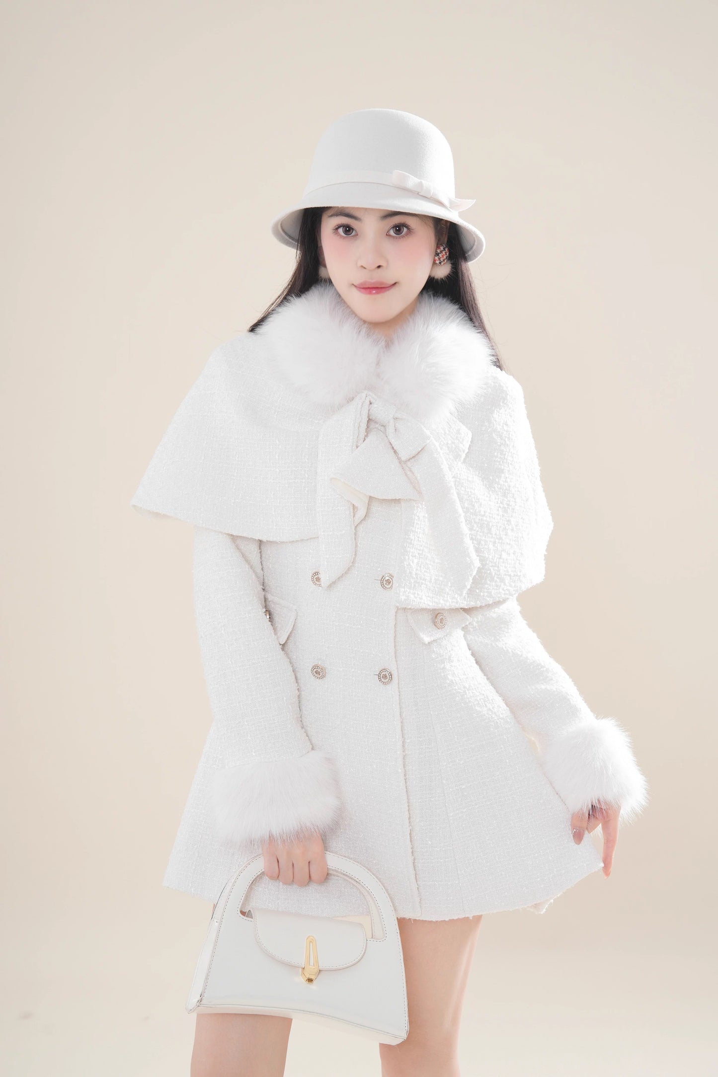 Snow Tweed Capelet Mini Coat Dress (White)