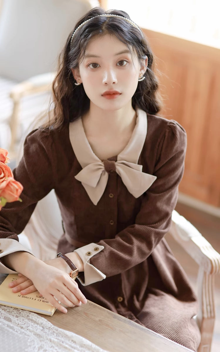 Bow Collar Corduroy Button Down Dress (Chocolate)