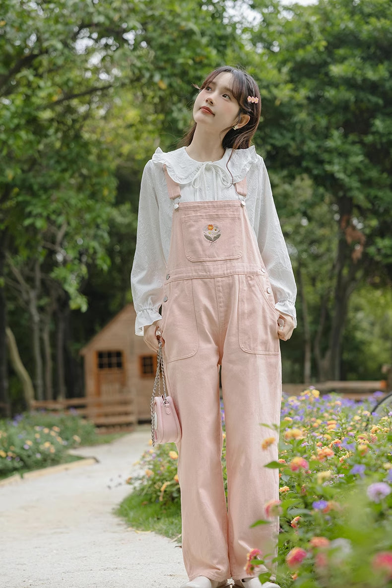 Flower Bouquet Embroidered Overalls (Pink)