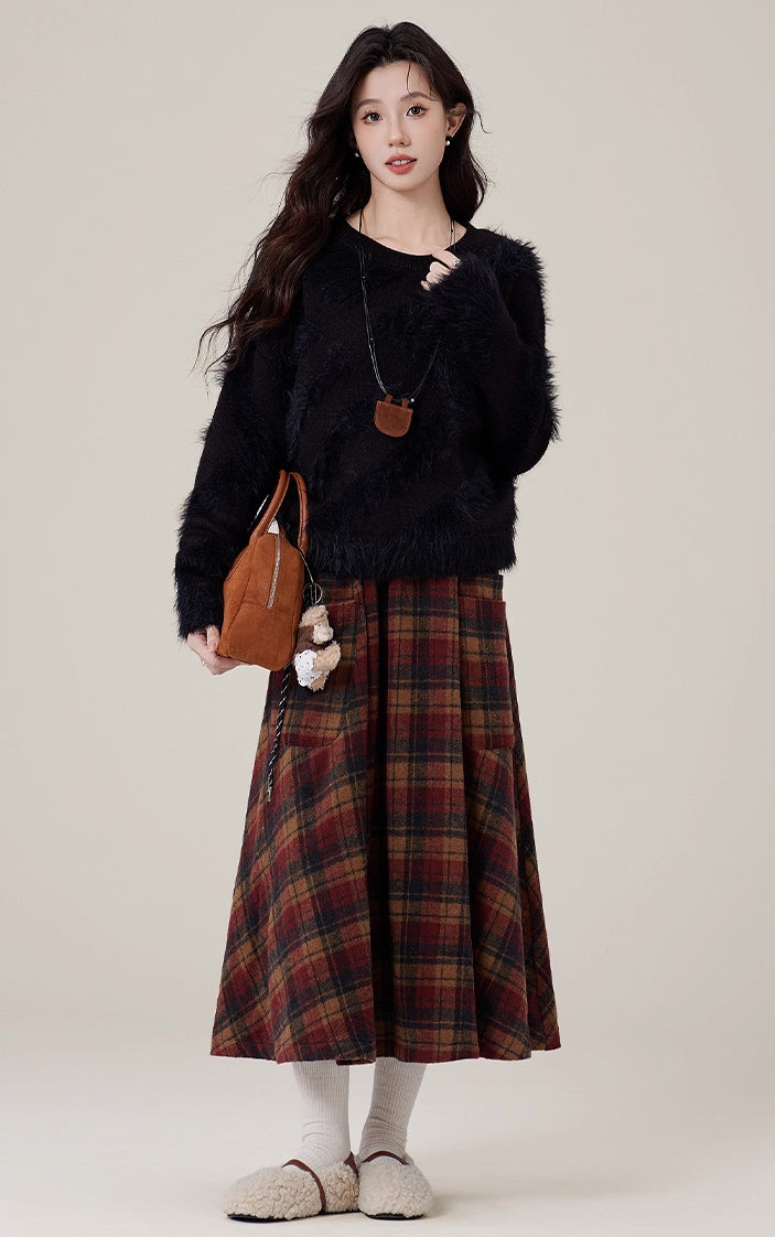 Bookshop Plaid Midi Skirt (Red/Khaki)