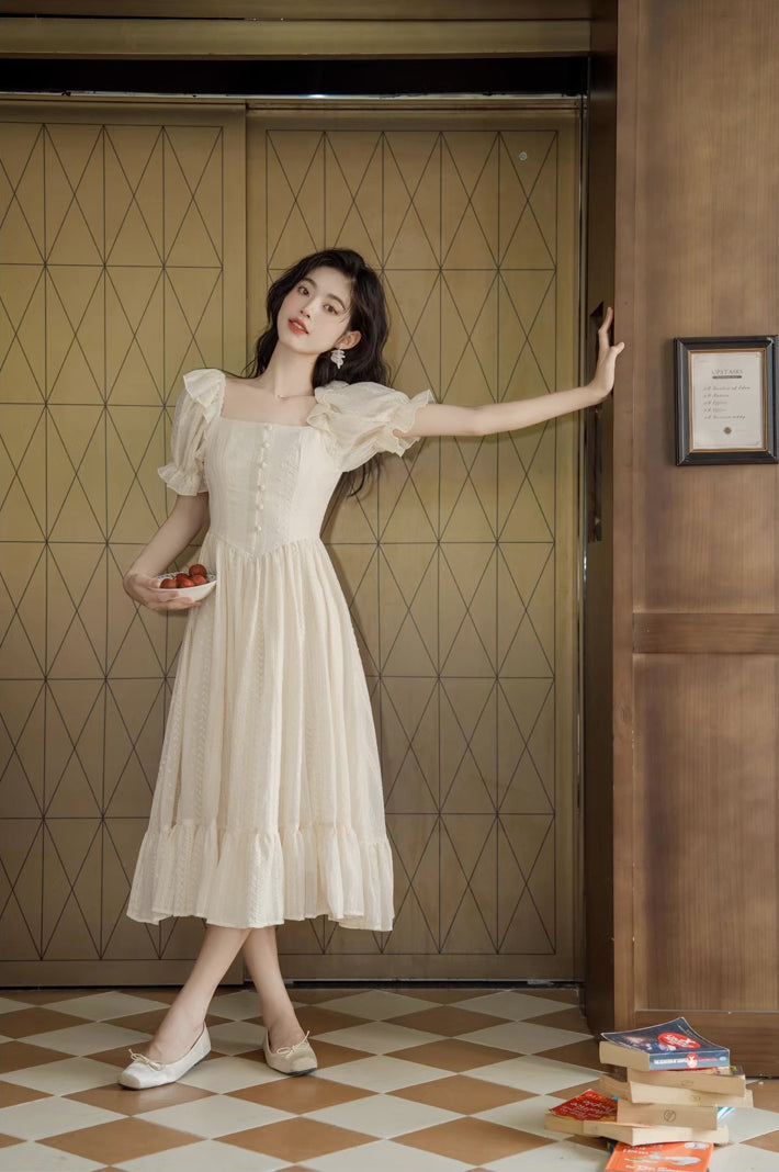 Lace Broderie Midi Dress (Cream)