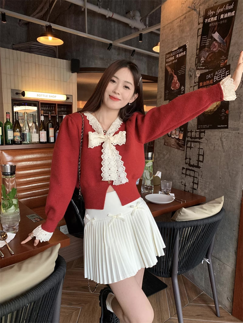 Heart Button Lace Trim Cardigan (3 Colors)
