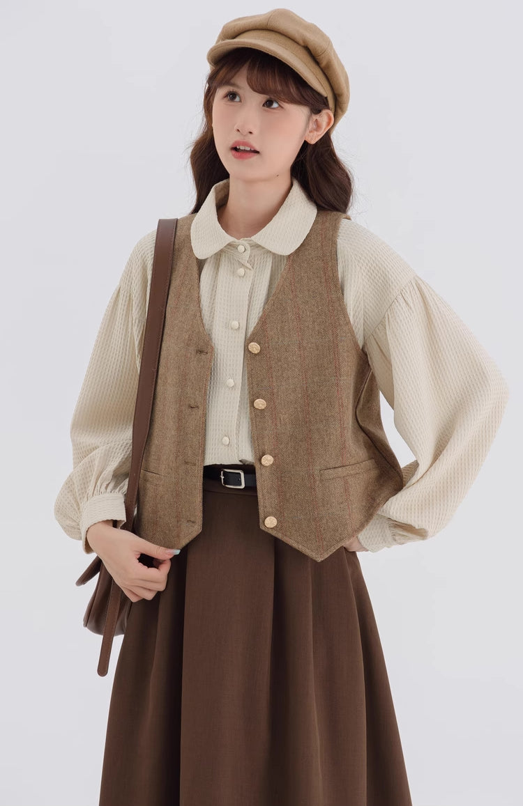 Waffle Puff Sleeve Blouse (Milk Tea)