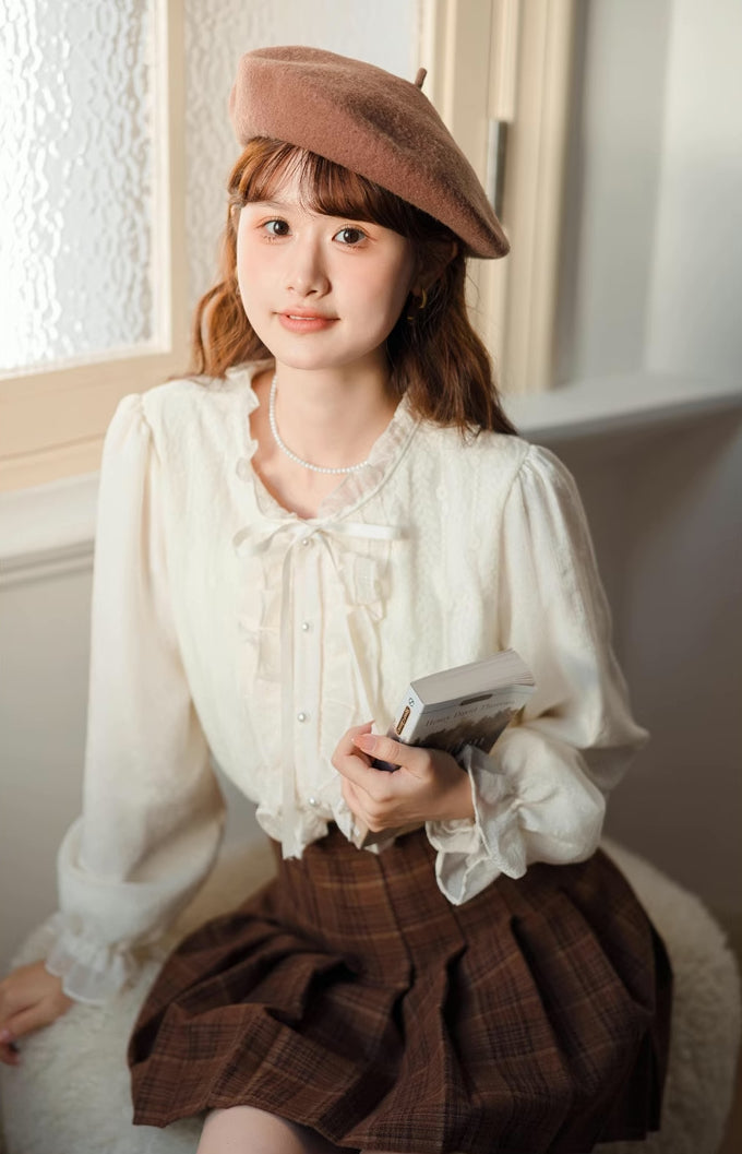 Ruffle Trim Tie Neck Blouse (Cream)