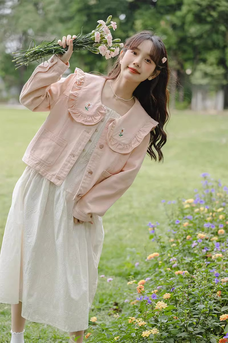 Sweet Heart Flower Embroidered Jacket (Pink)