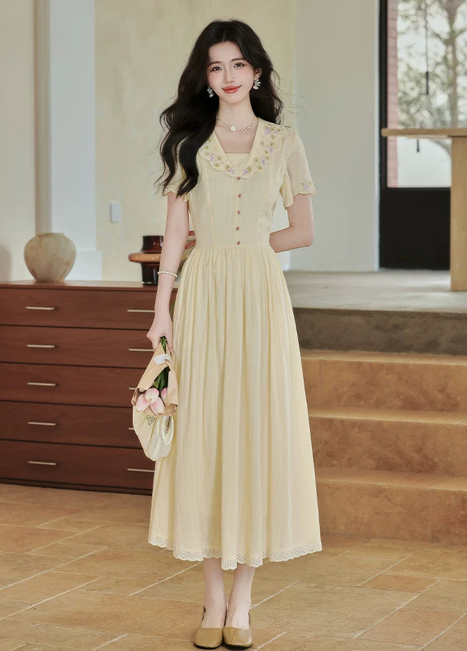 Grapevine Scallop Collar Midi Dress (Yellow)