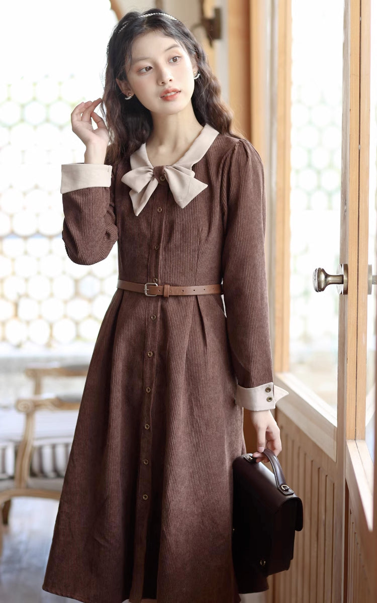 Bow Collar Corduroy Button Down Dress (Chocolate)