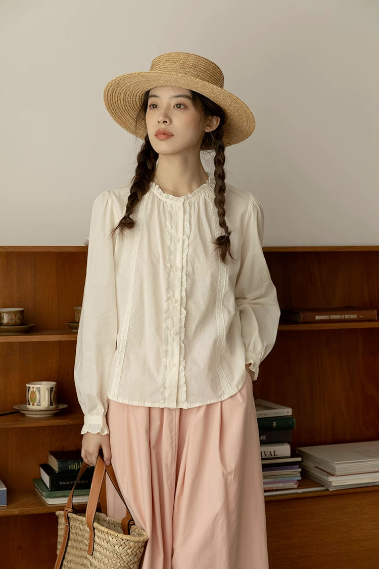Ruffle Broderie Trim Blouse (White)