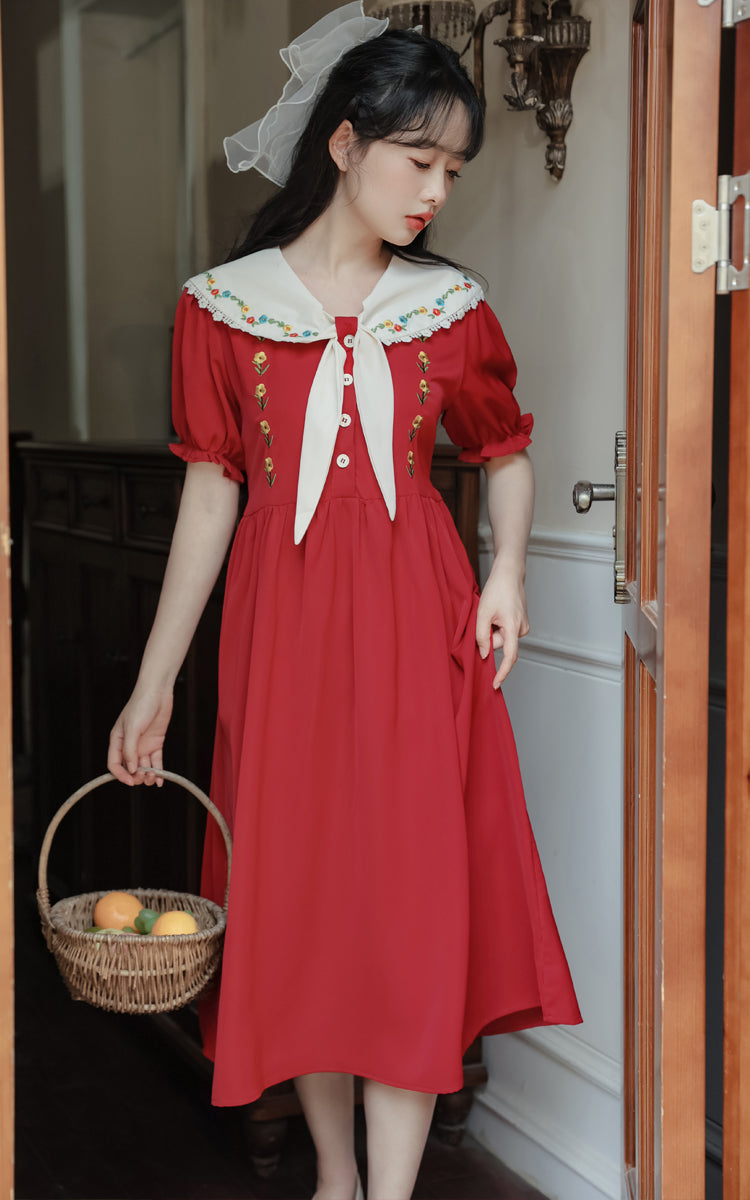 Floral Embroidered Sailor Midi Dress (Red)
