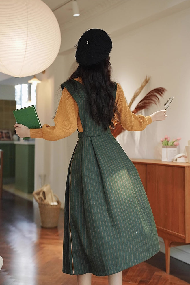 Gingko Stripe Pinafore & Sweater Set (Mustard/Green)