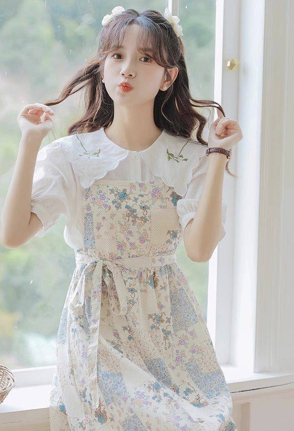 Ditsy Floral Patchwork Apron Dress (White)