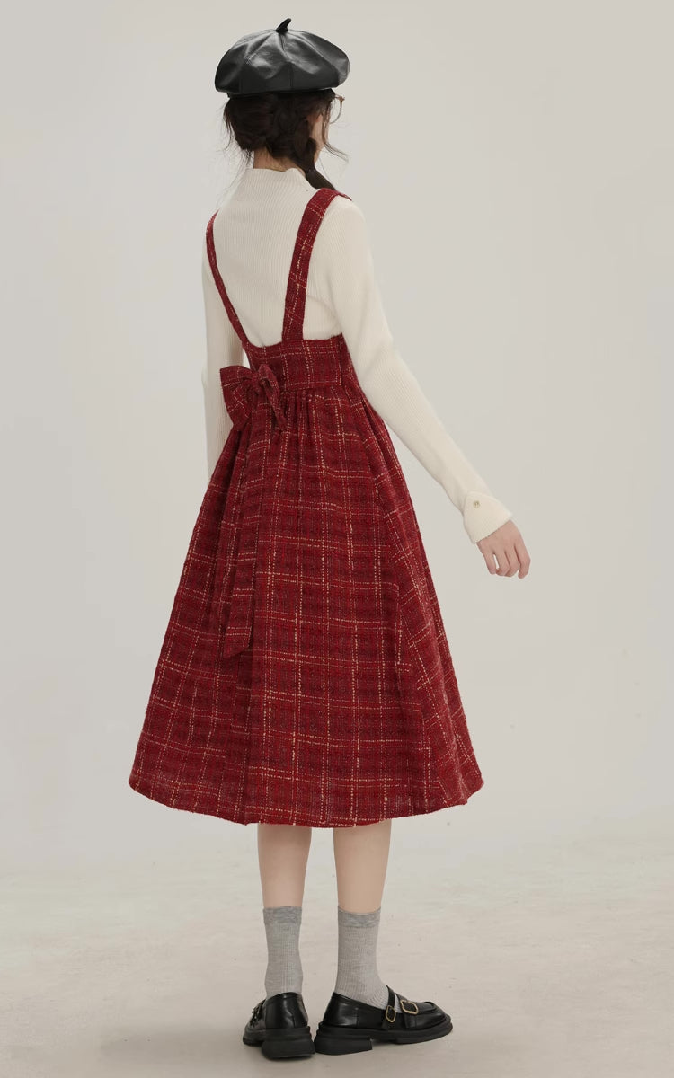 Sweet Apple Pie Plaid Pinafore Dress (Red)