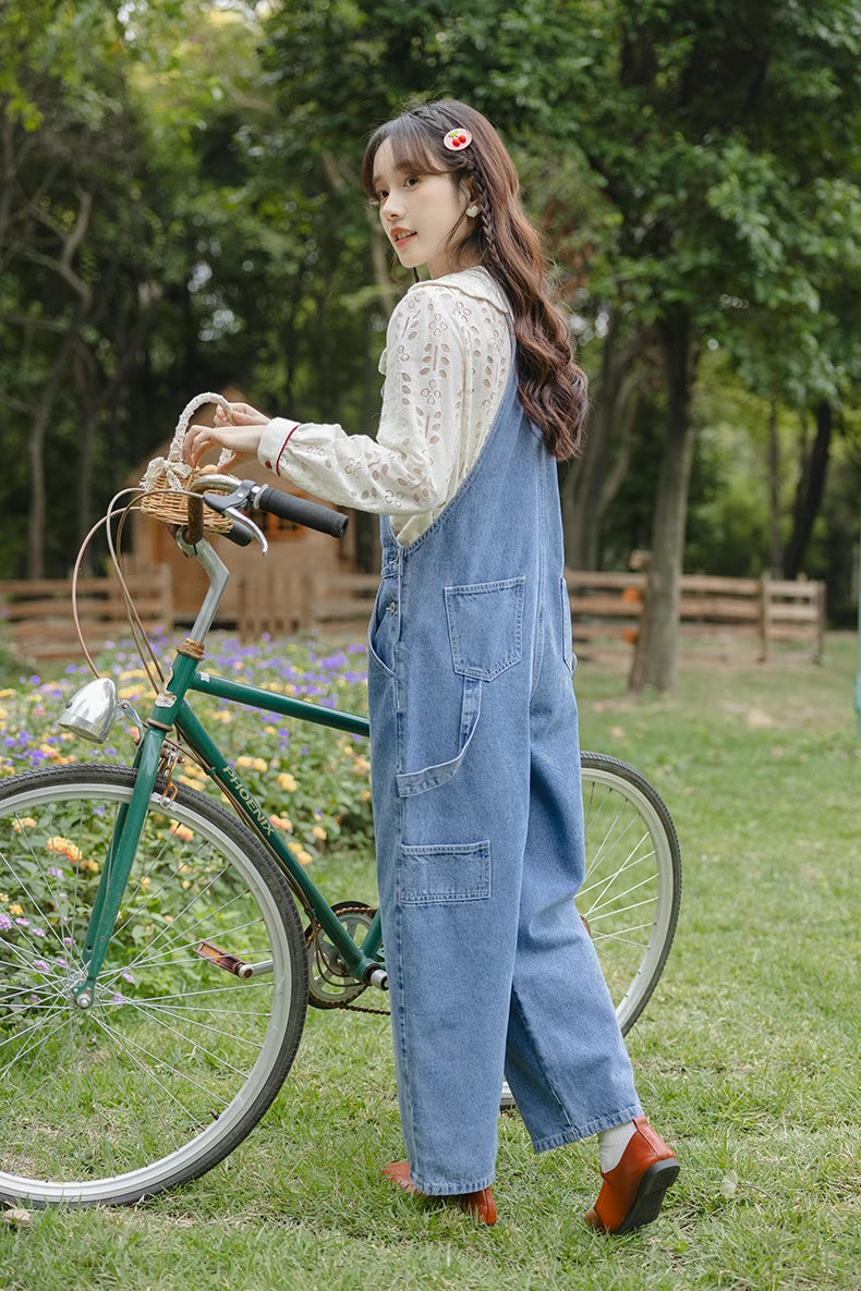 Cherry Denim Overalls (Medium Blue)